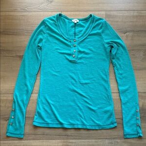 LA MIEL Teal Ribbed Henley Long Sleeve Top with Buttons on the Sleeves Size S